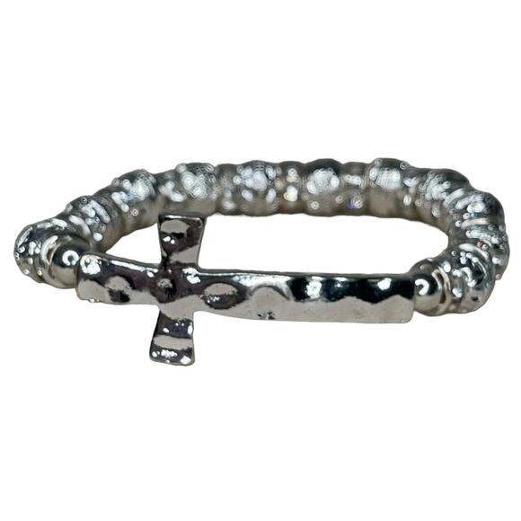 Silver Tone And Rhinestone Beaded Cross Bracelet Stretch Bracelet - Picture 8 of 8